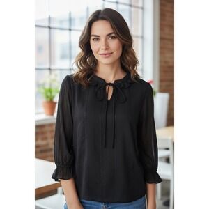 Skies Are Blue Womens Black Ruffle Tie‎ Neck Semi Sheer Blouse Top XS